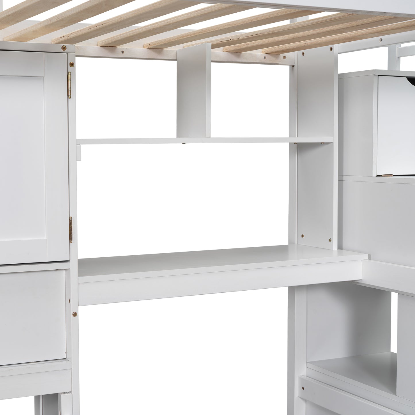 White loft bed frame with integrated desk and storage drawers