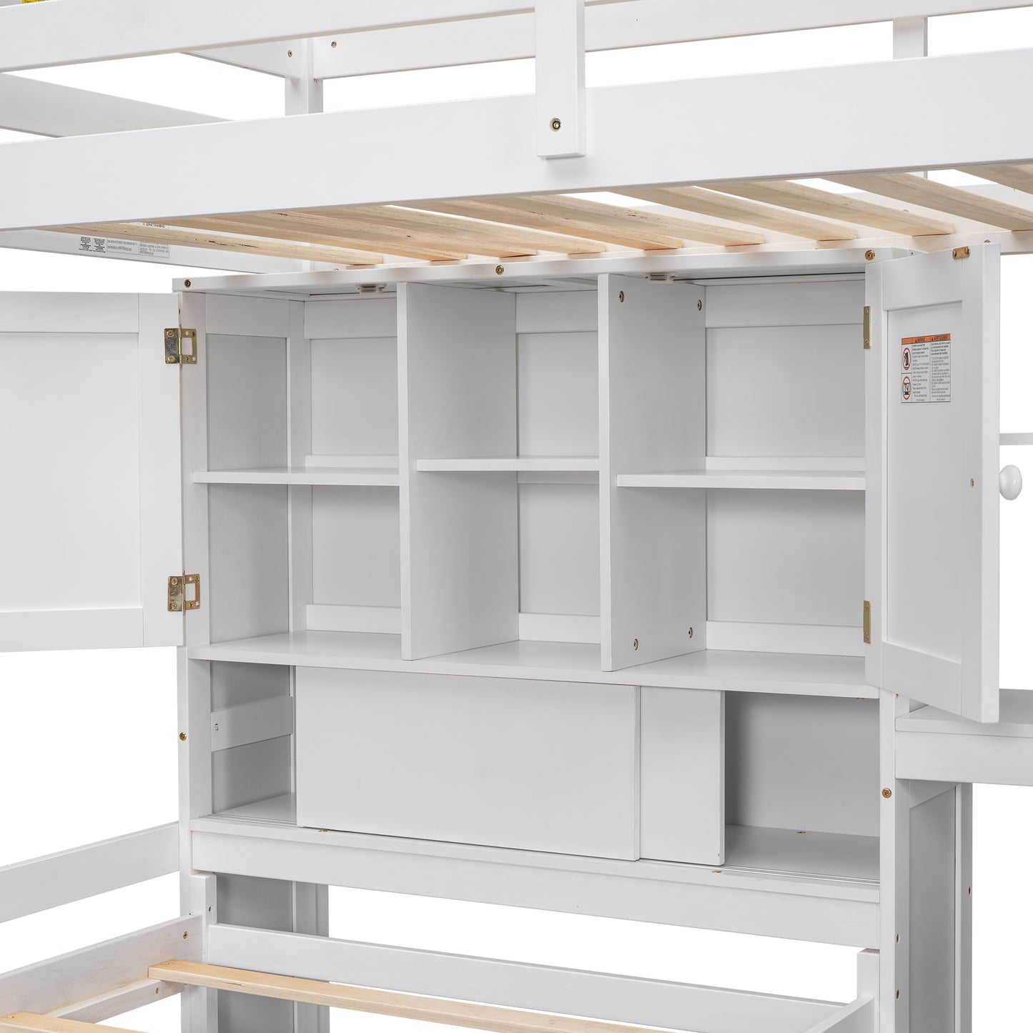 White wooden bunk bed with open shelves and cabinet doors