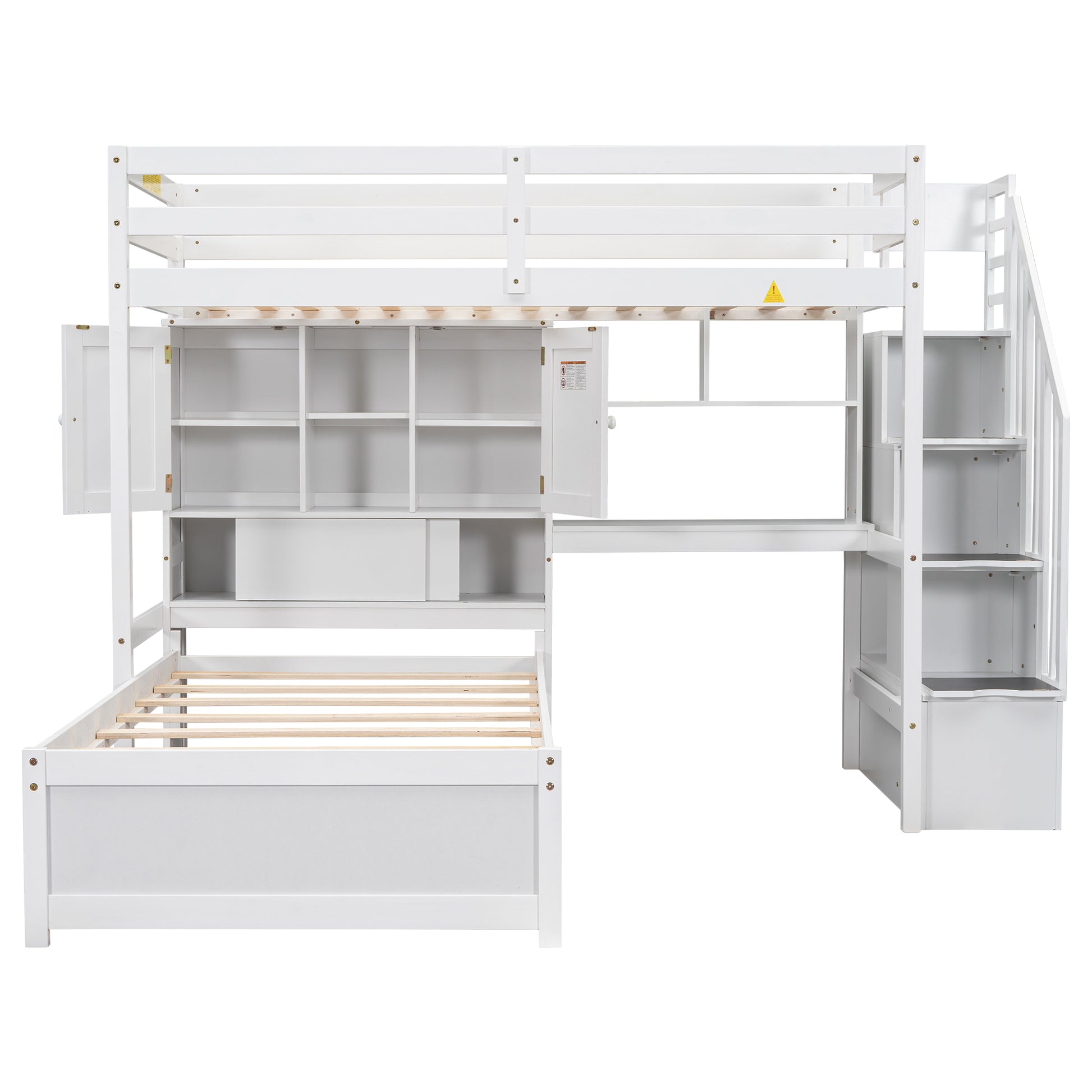 White wooden loft bed with integrated desk and stairs