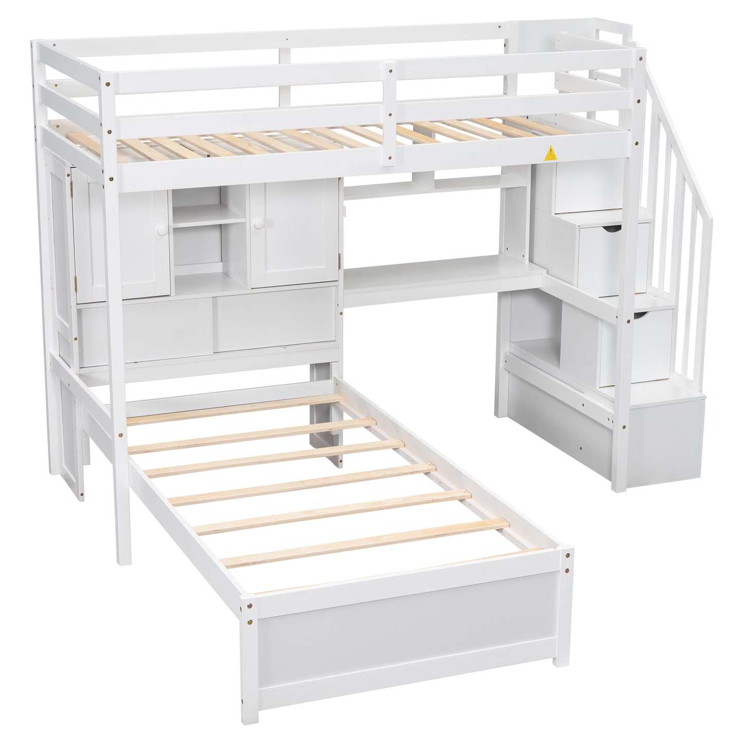White Lshaped bunk bed with integrated desk and storage drawers