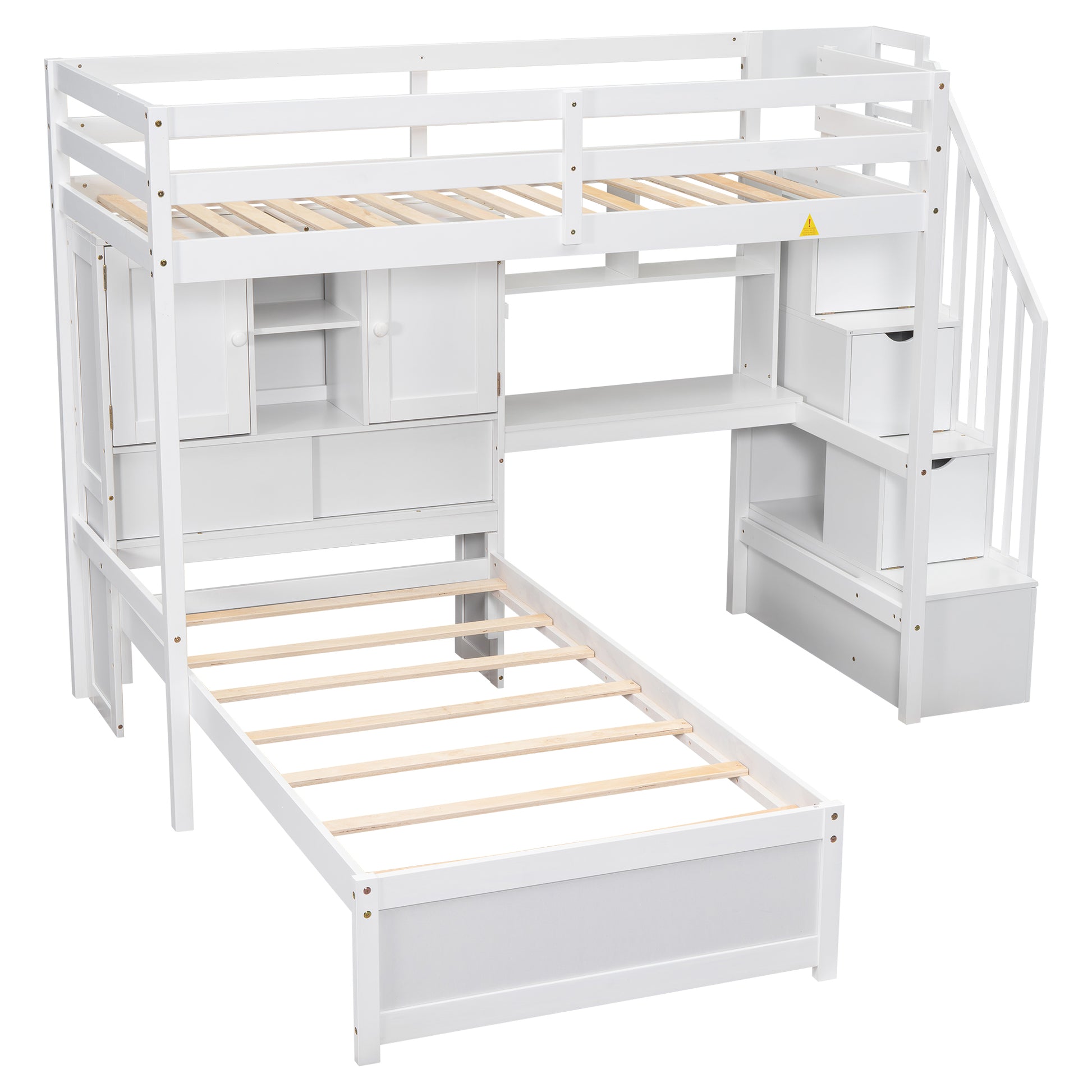 White Lshaped bunk bed with integrated desk and storage drawers