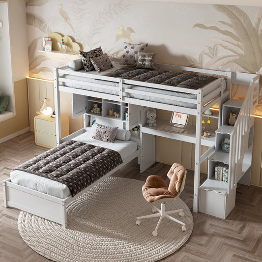 White wooden bunk bed with a slide and integrated desk