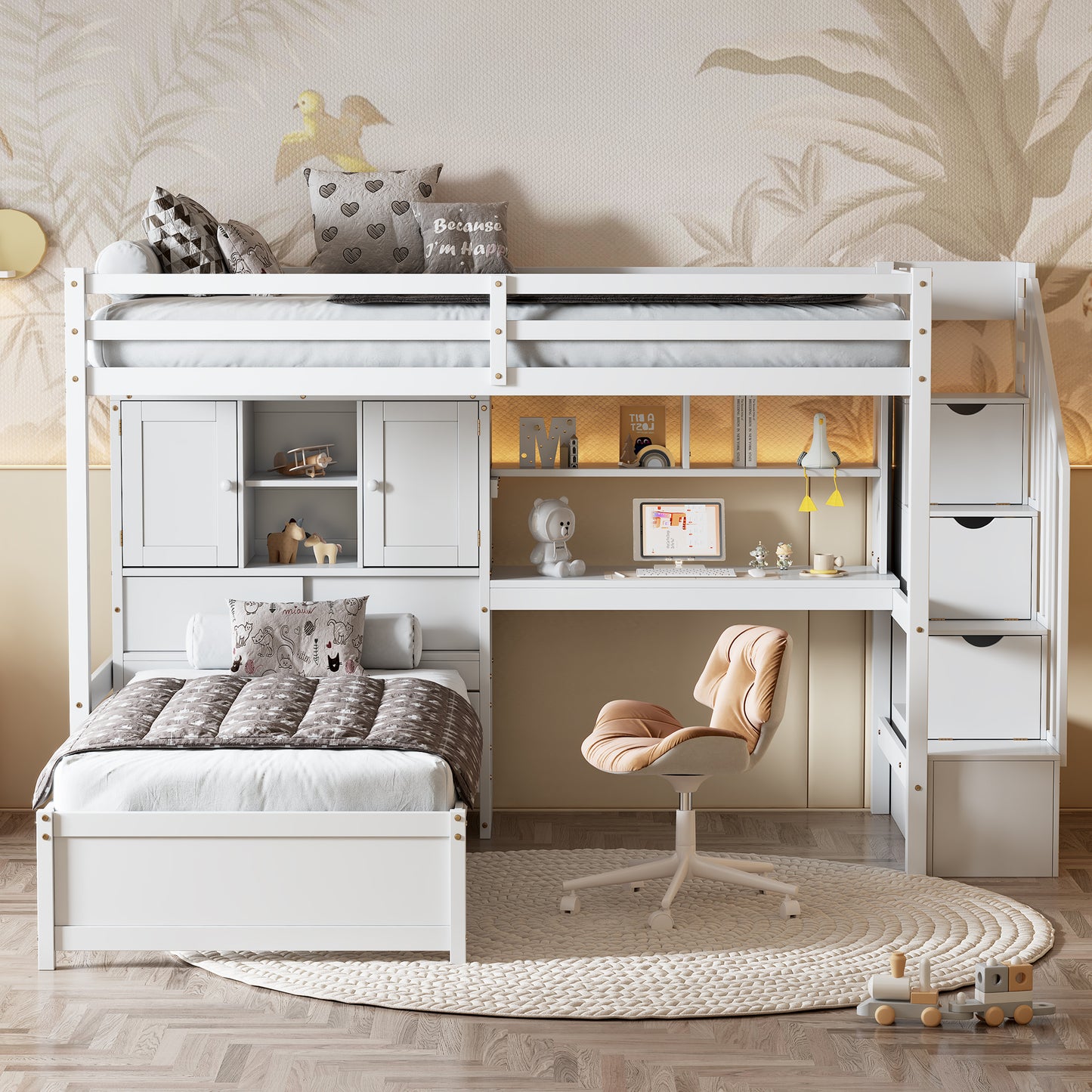 White wooden loft bed with integrated desk and storage