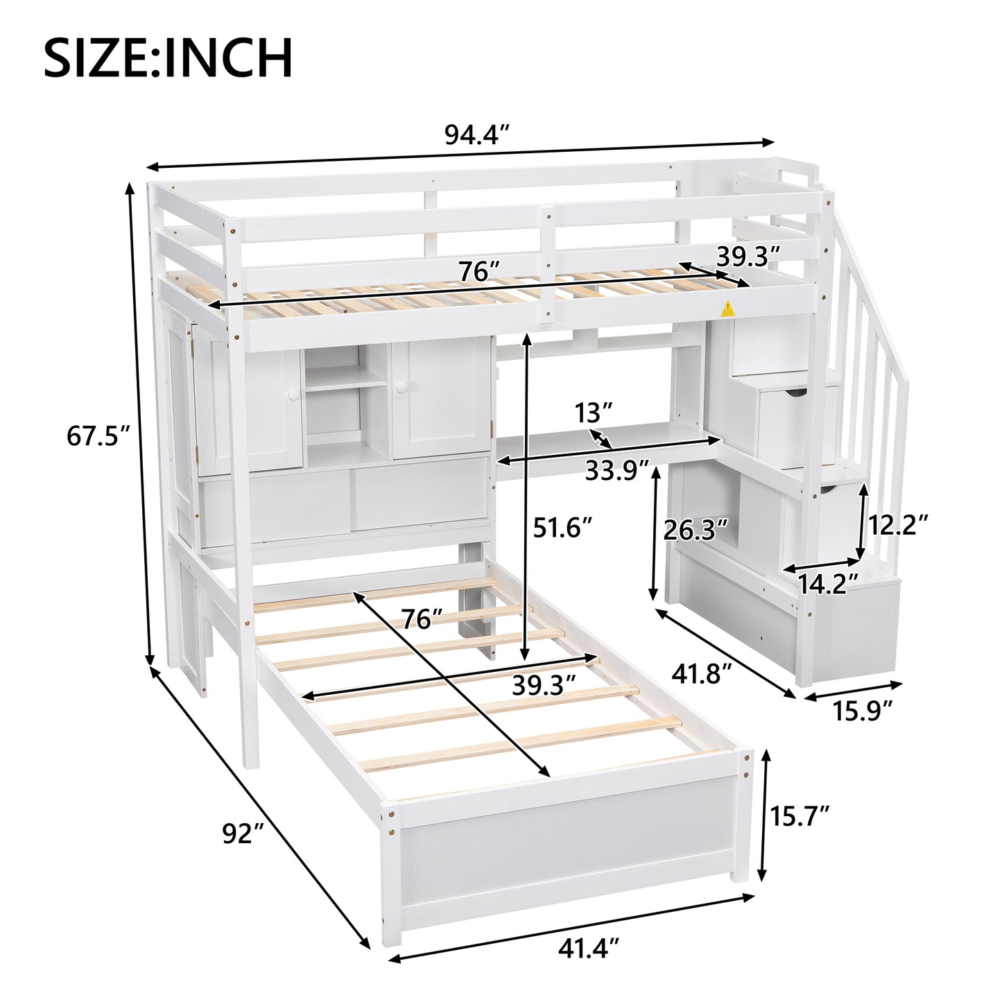 White wooden loft bed with integrated desk and storage