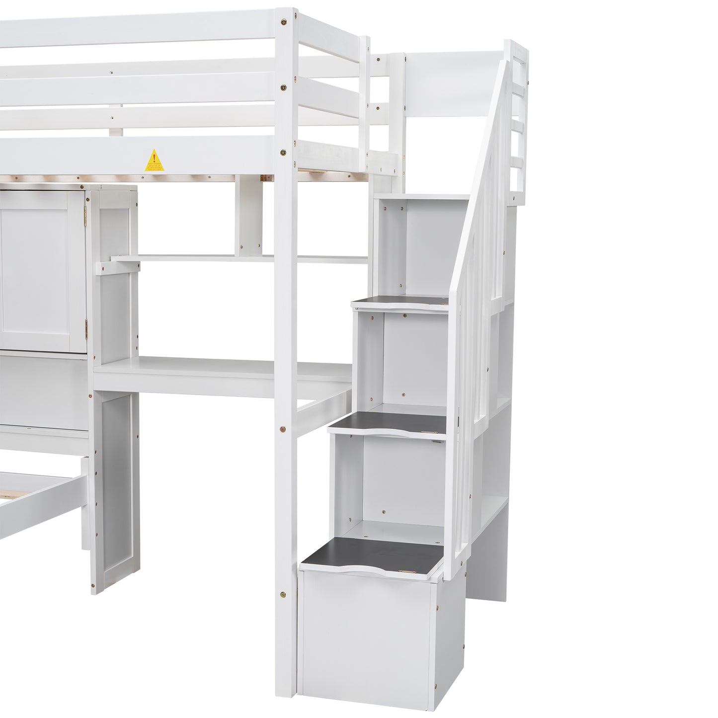 White wooden loft bed frame with integrated desk and storage drawers
