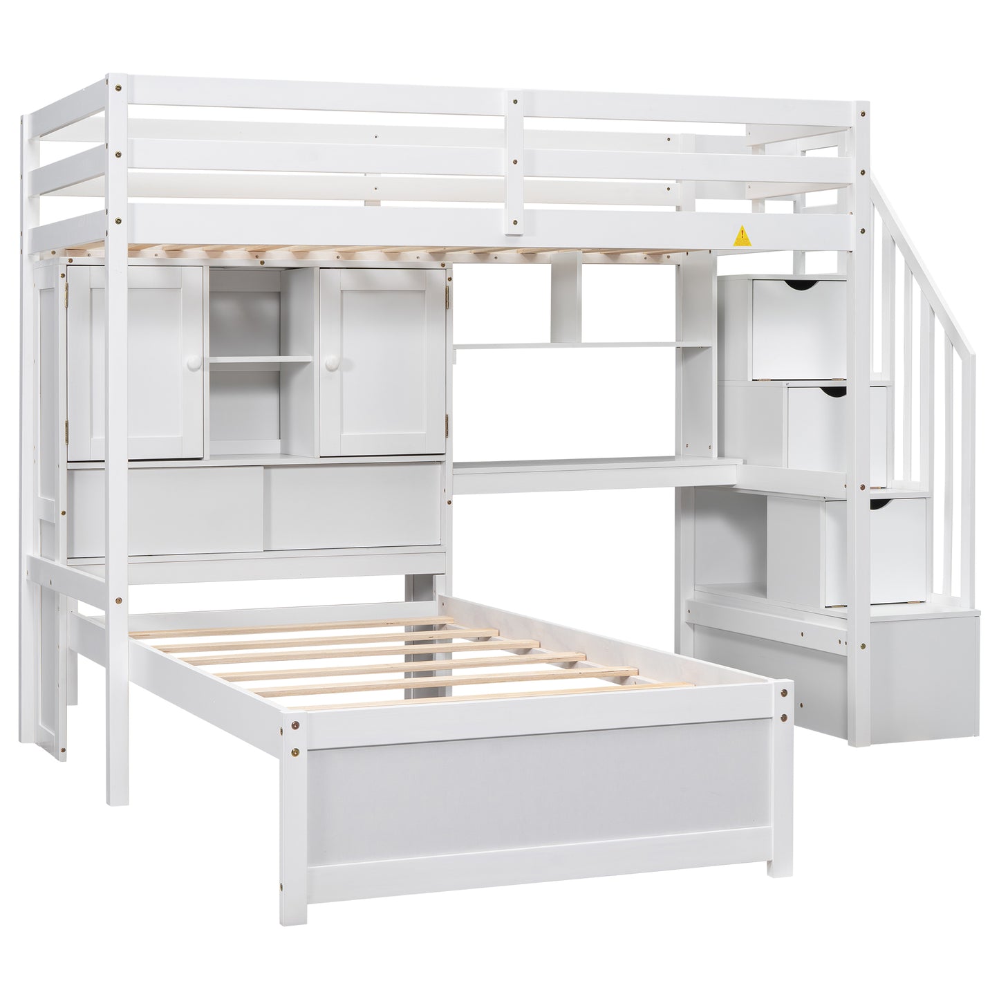 White wooden loft bed with stairs and storage drawers
