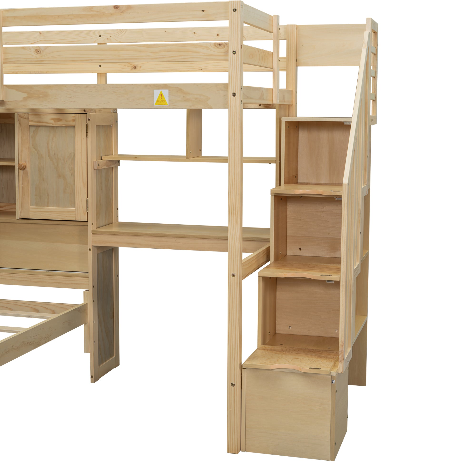 Natural wood loft bed with desk and stairs