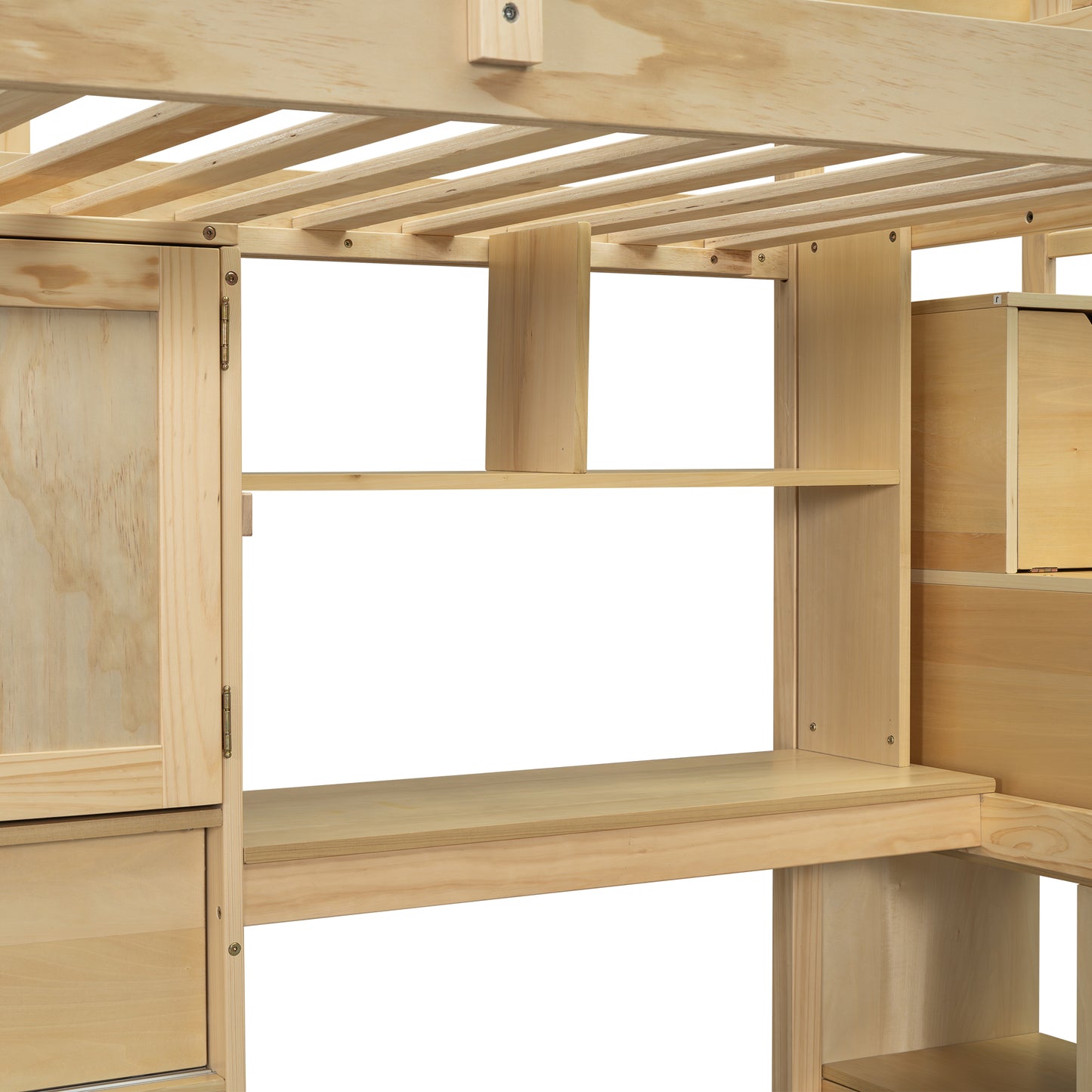 Natural pine wood loft bed with builtin desk and shelves