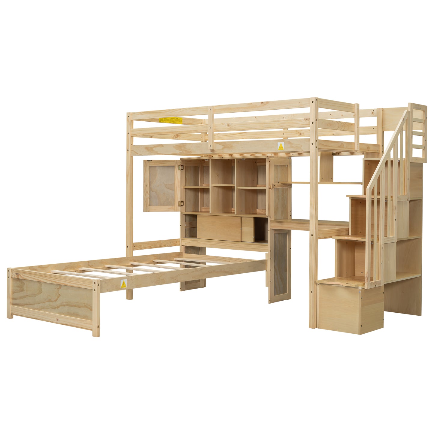 Natural wood loft bed with stairs desk and storage shelves for kids room