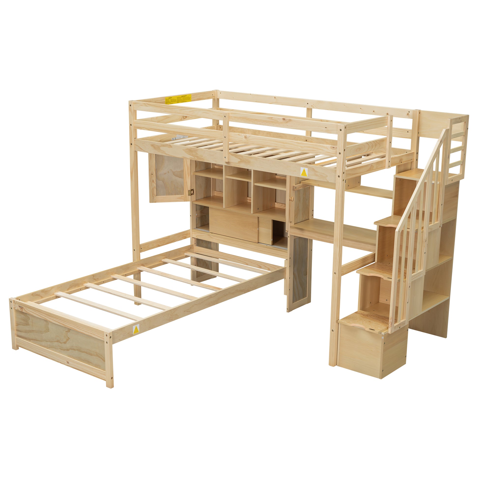 Natural wood loft bed with desk and stairs