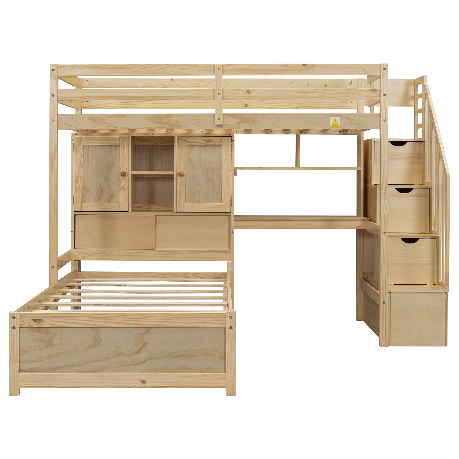 Natural wood loft bed with integrated desk and stairs