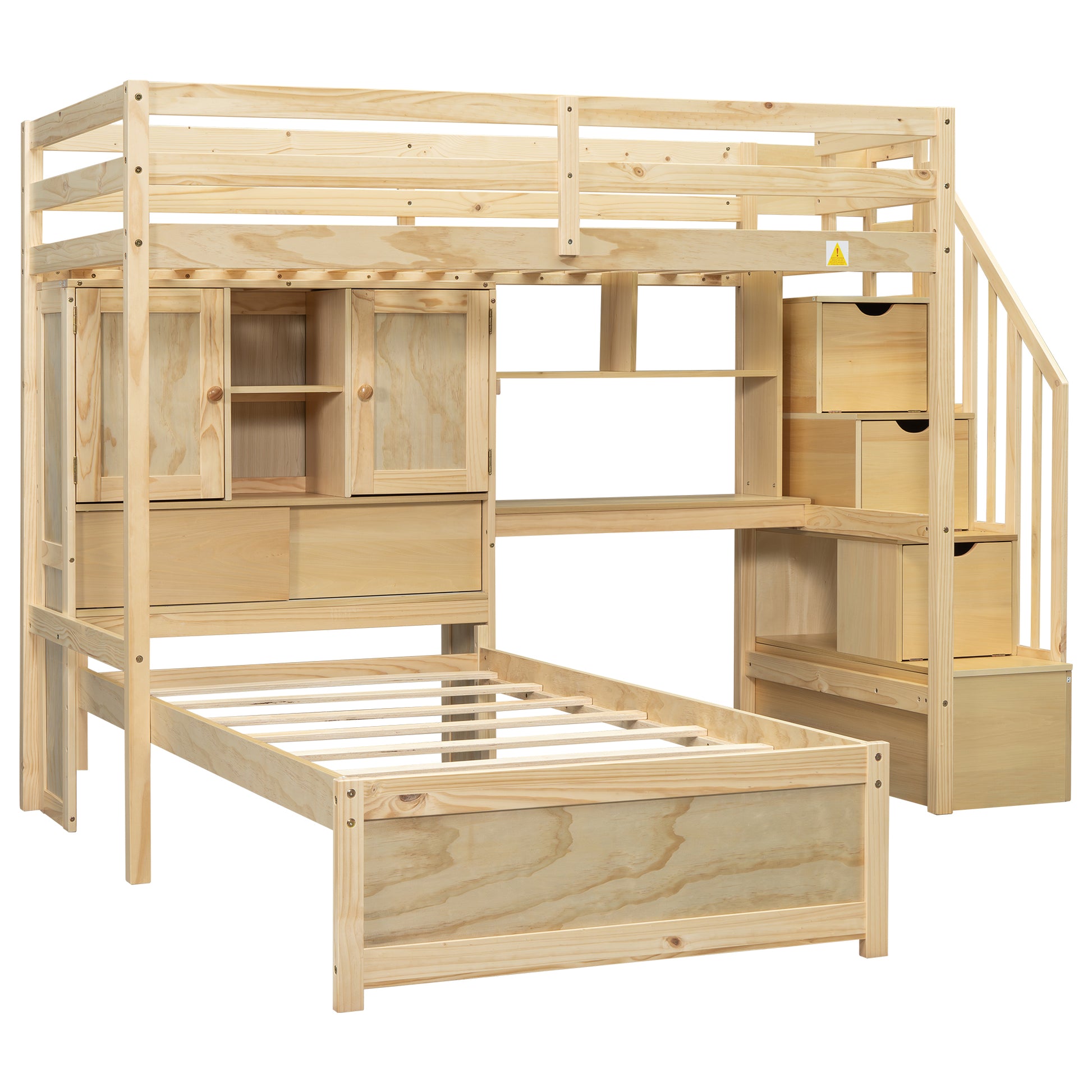 Natural wood loft bed with stairs and storage cabinets