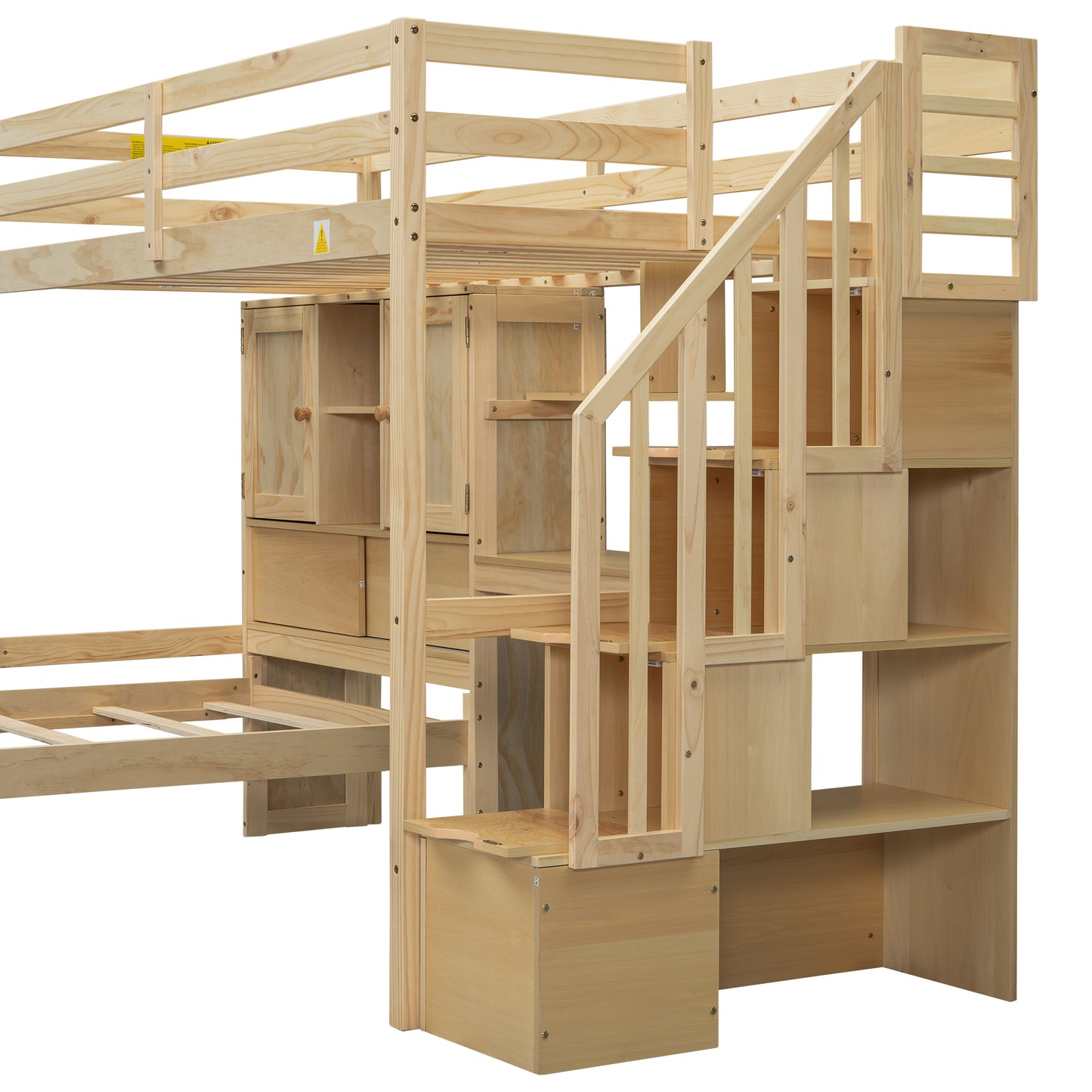 Wooden loft bed frame with stairs and integrated storage cabinets