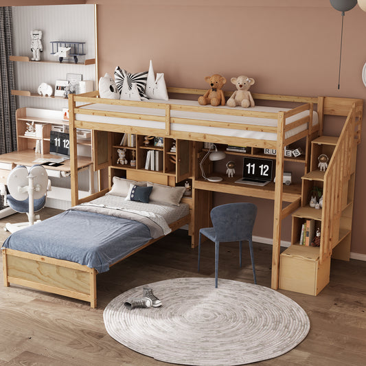 Wooden loft bed with integrated desk and storage for kids room