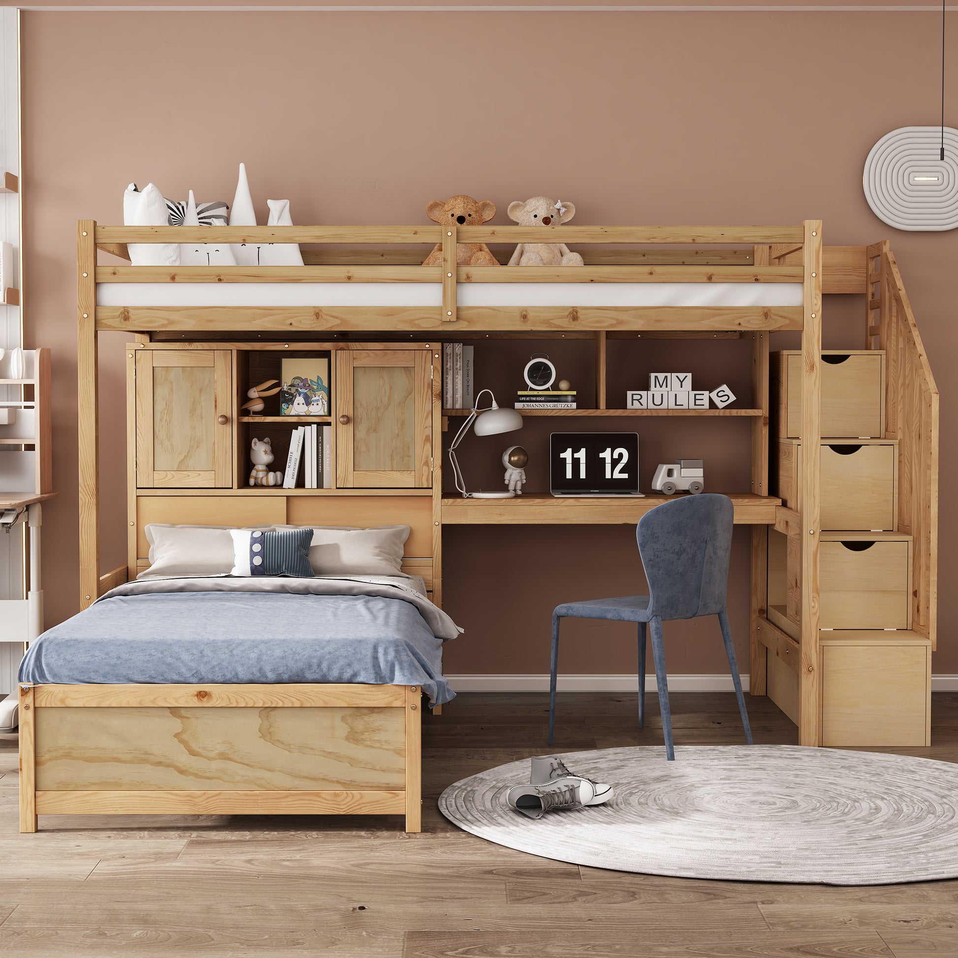 Natural pine wood loft bed with integrated desk and storage shelves