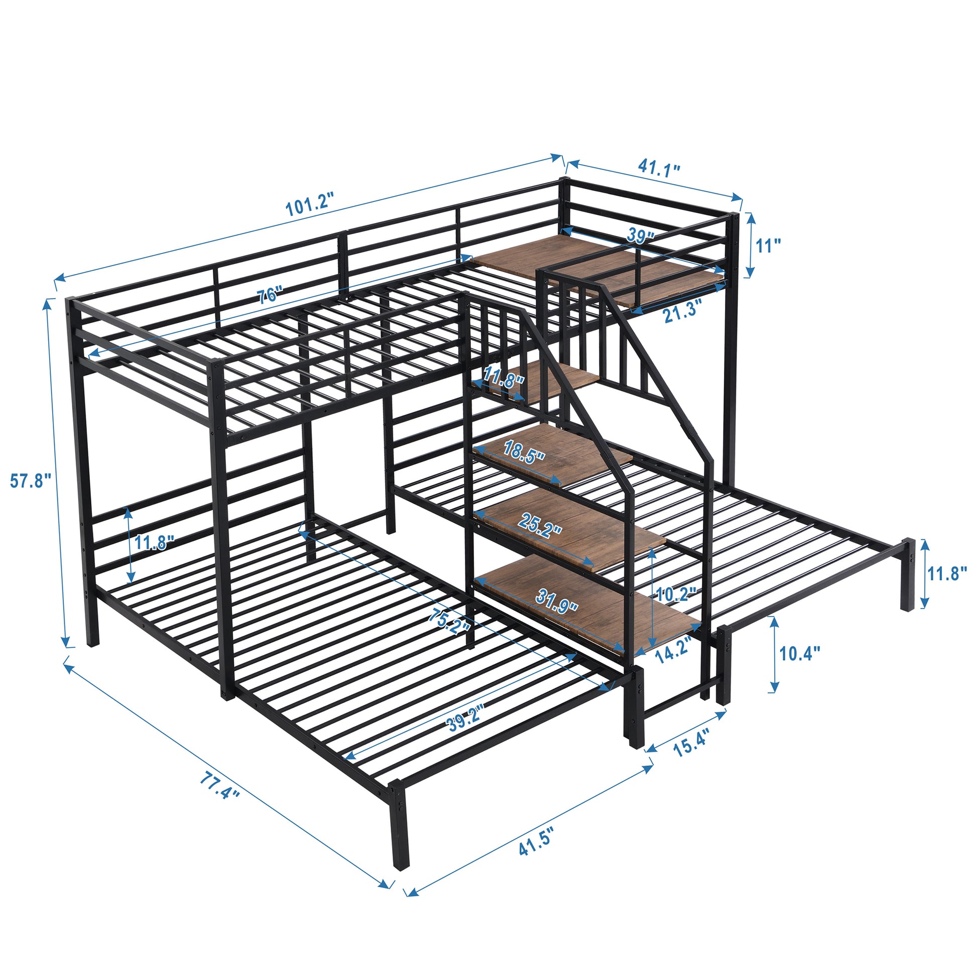 Black metal triple bunk bed with integrated staircase and wooden accents