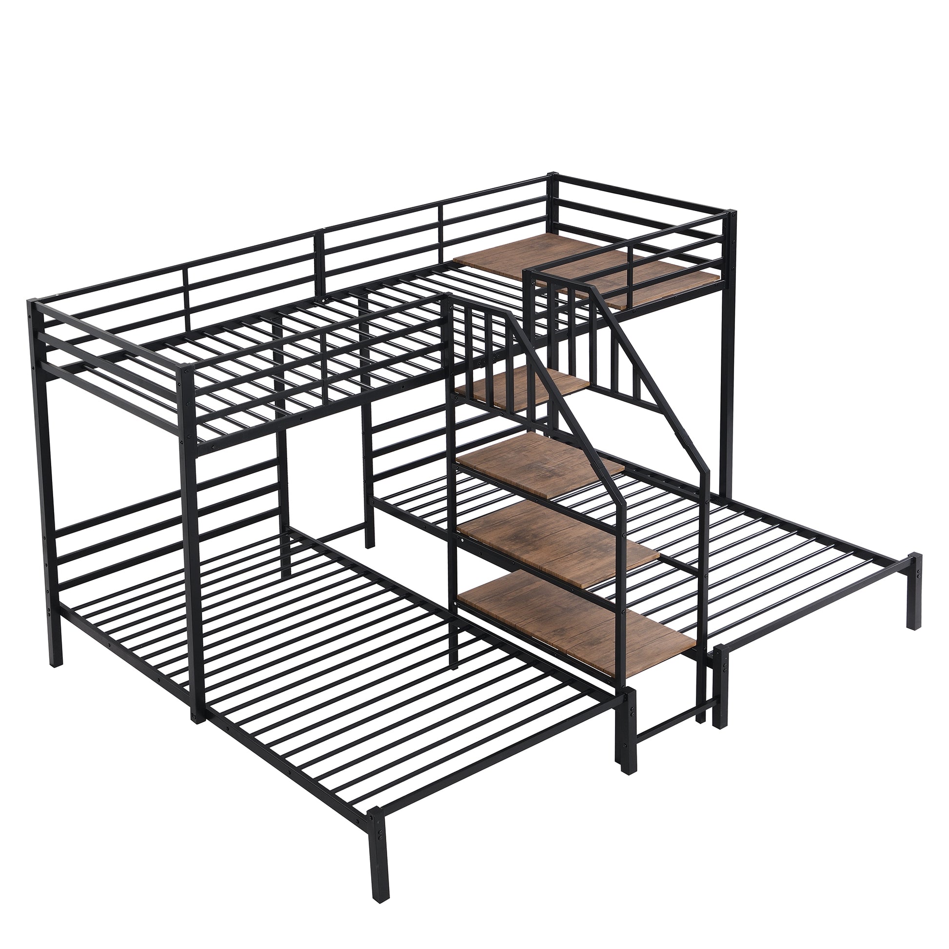 Black metal bunk bed with three beds and stairs