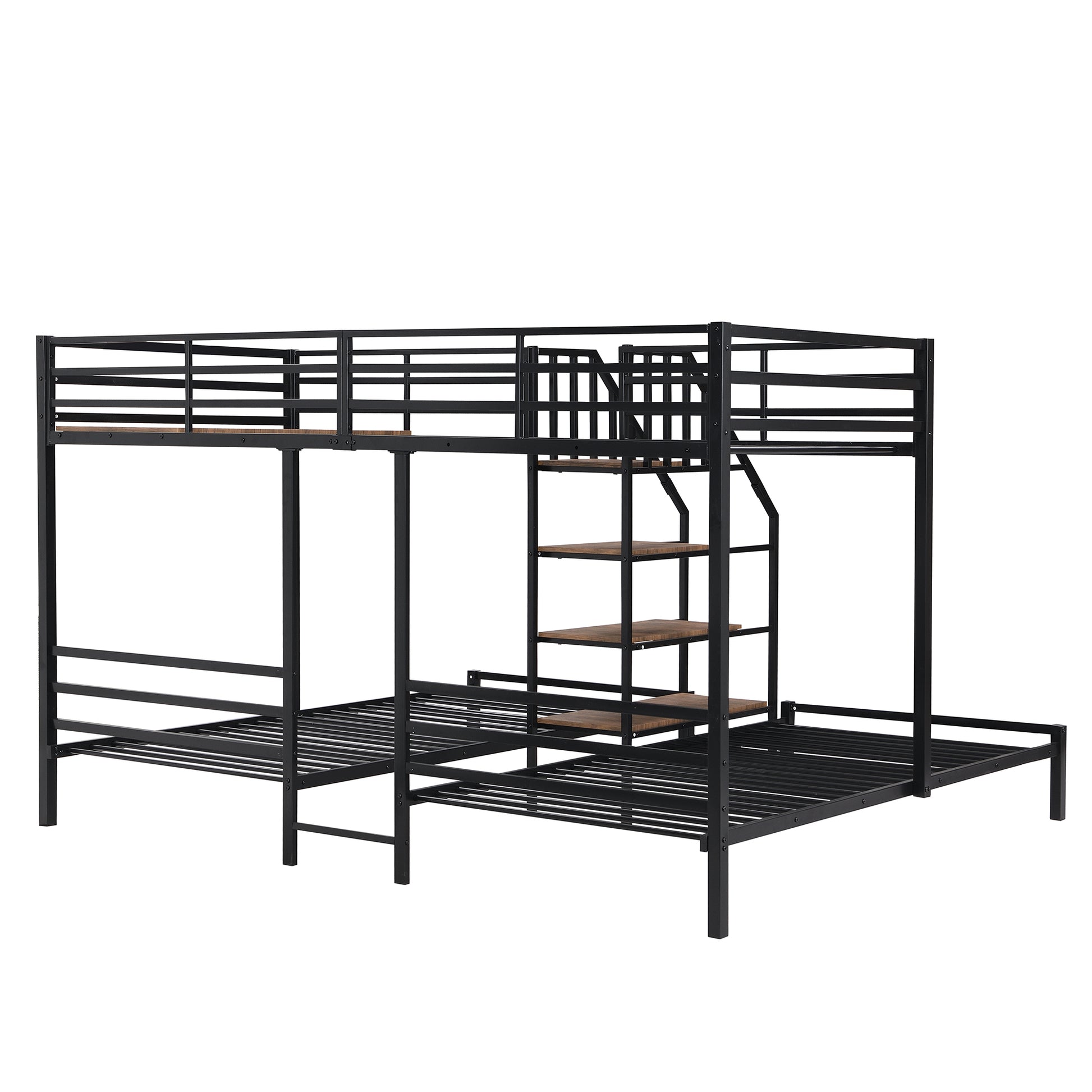 Black metal triple bunk bed with wooden steps and guardrails