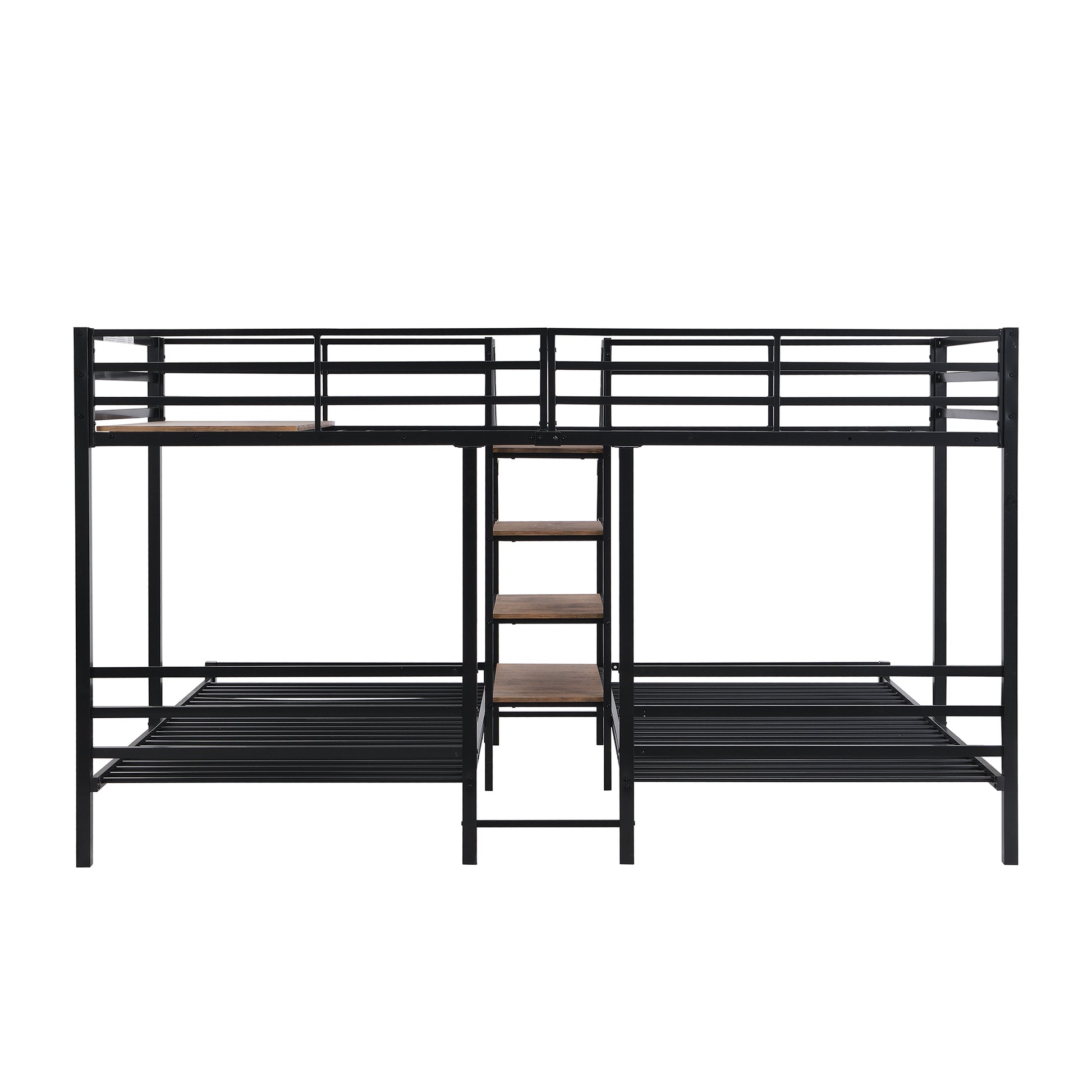 Black metal triple bunk bed with wooden shelves and ladder