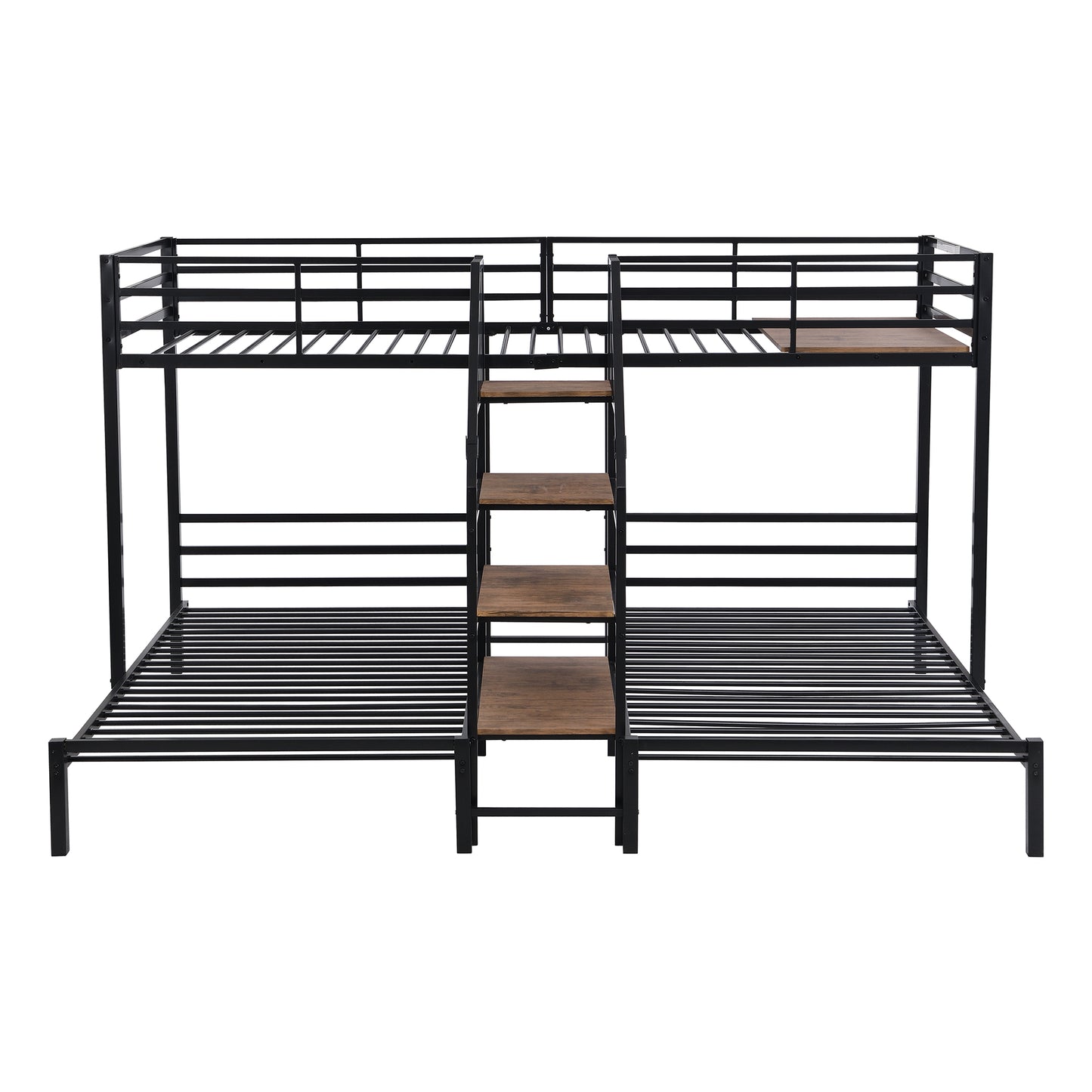 Black metal triple bunk bed with wood shelves
