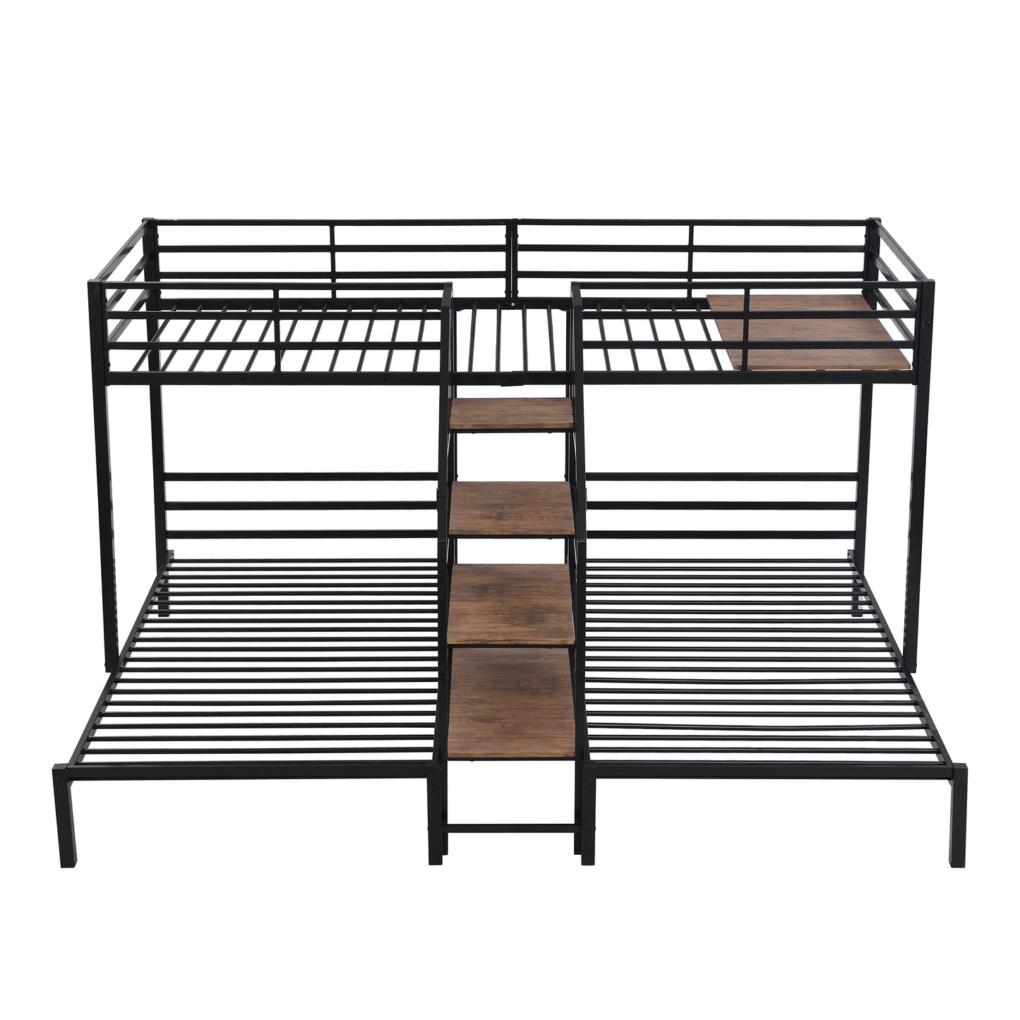 Black metal triple bunk bed with wooden ladder steps and guardrails