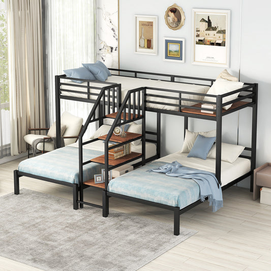 Black metal Lshaped triple bunk bed with wooden shelves and blue bedding