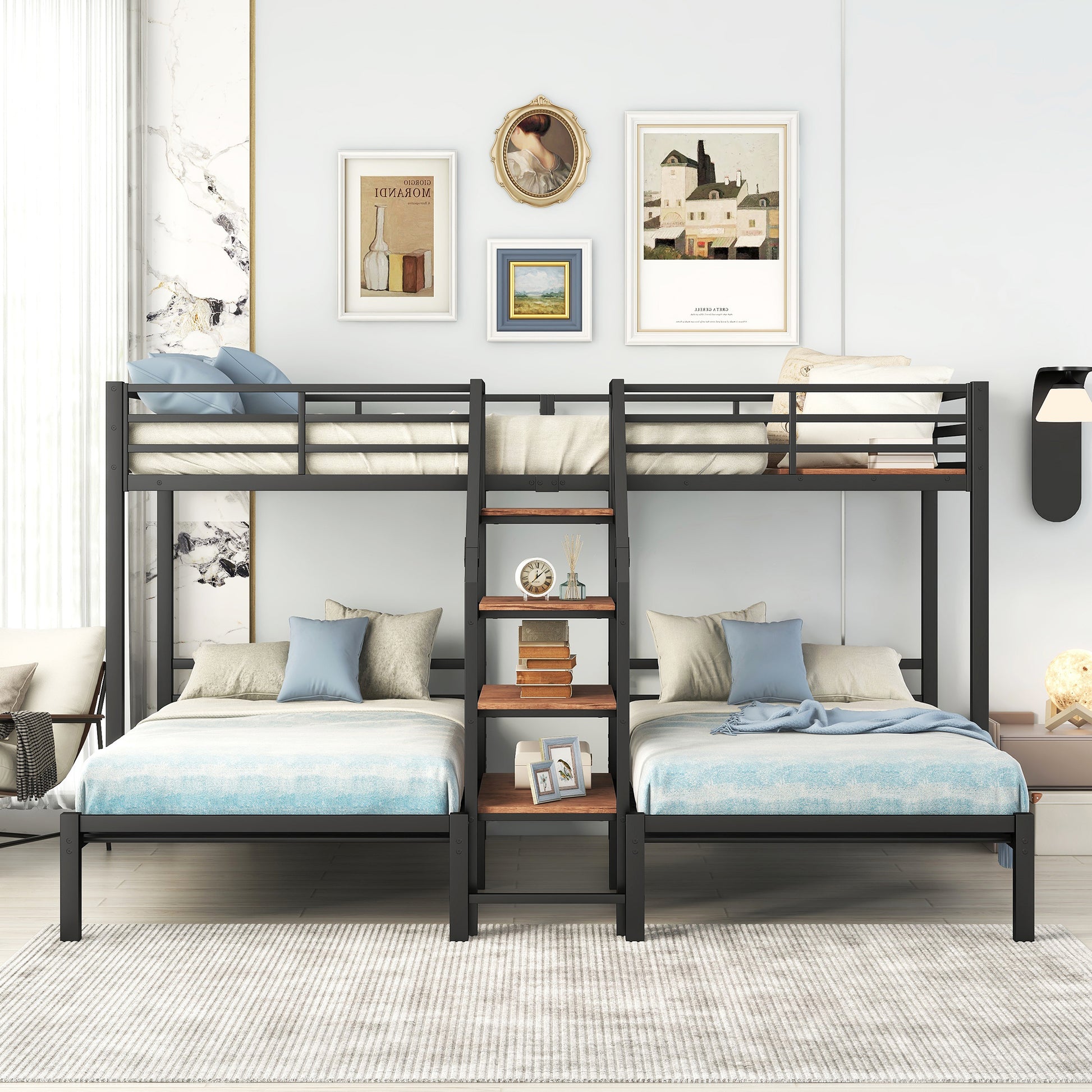 Black metal triple bunk bed with ladder and integrated shelves