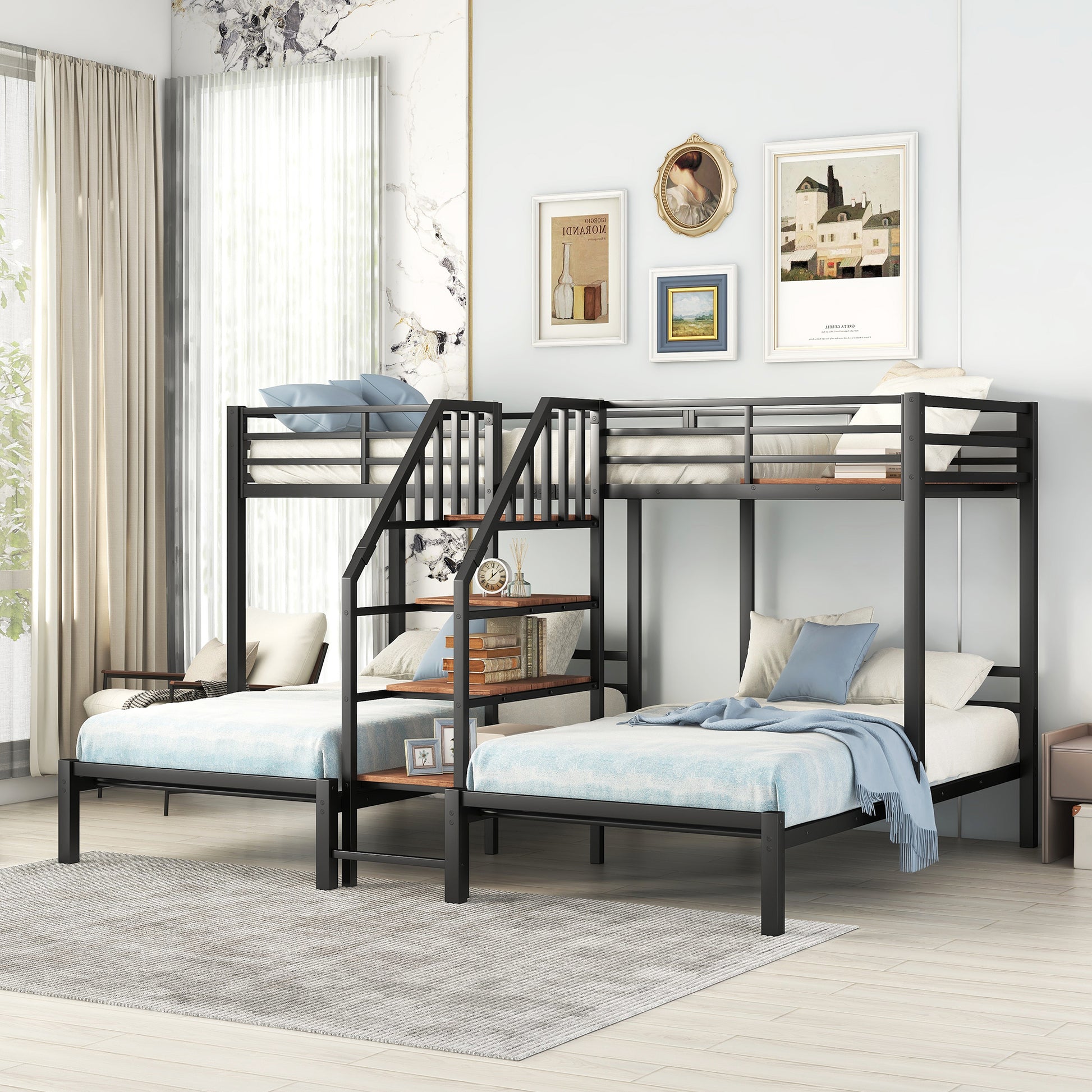 Black metal triple bunk bed with wooden shelves and step ladder