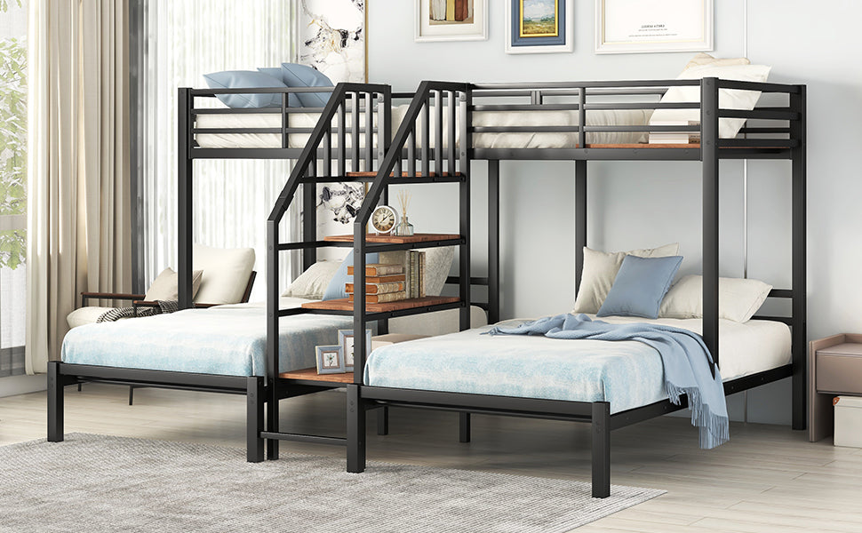 Black metal triple bunk bed with integrated wooden stairs and storage shelves