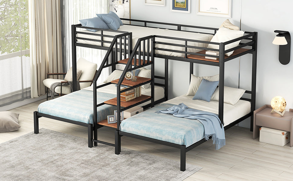 Black metal triple bunk bed with wood accents and integrated shelves
