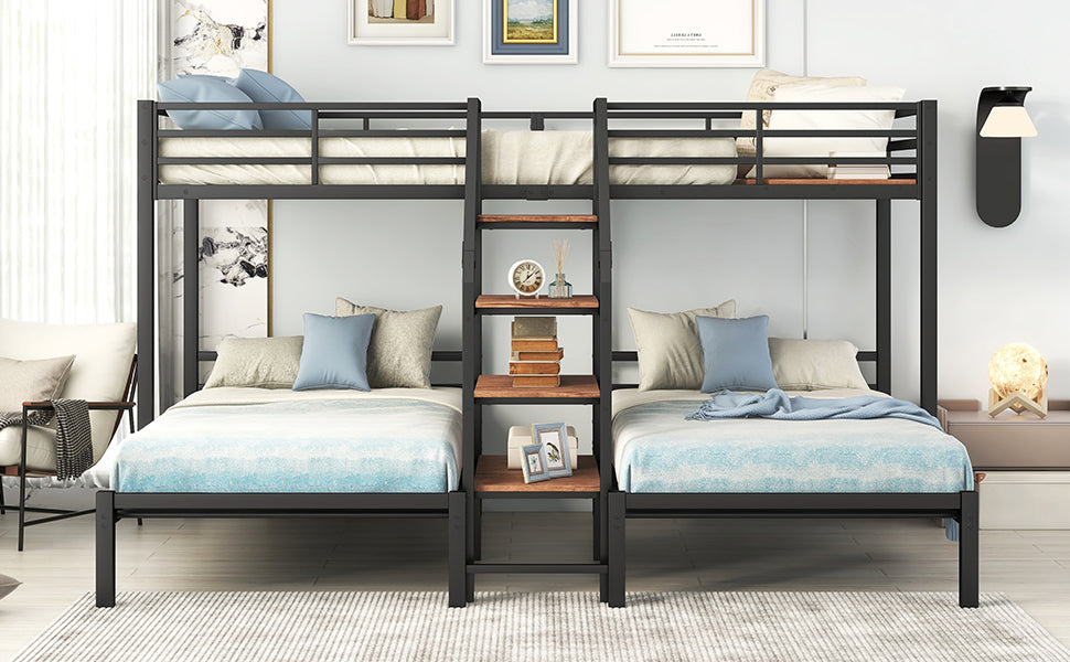 Black metal triple bunk bed with wood shelves