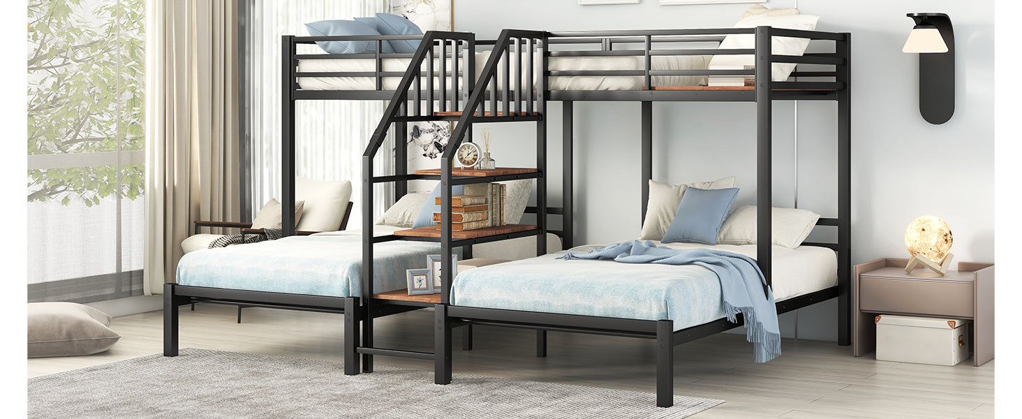 Black metal triple bunk bed with stairs and wood shelves