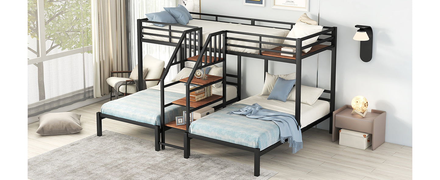 Black metal triple bunk bed with wooden shelves