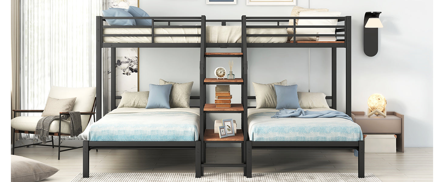 Black metal triple bunk bed with builtin shelves and ladder