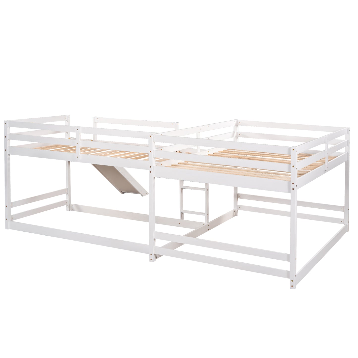White wooden Lshaped bunk bed with integrated slide and ladder for kids rooms