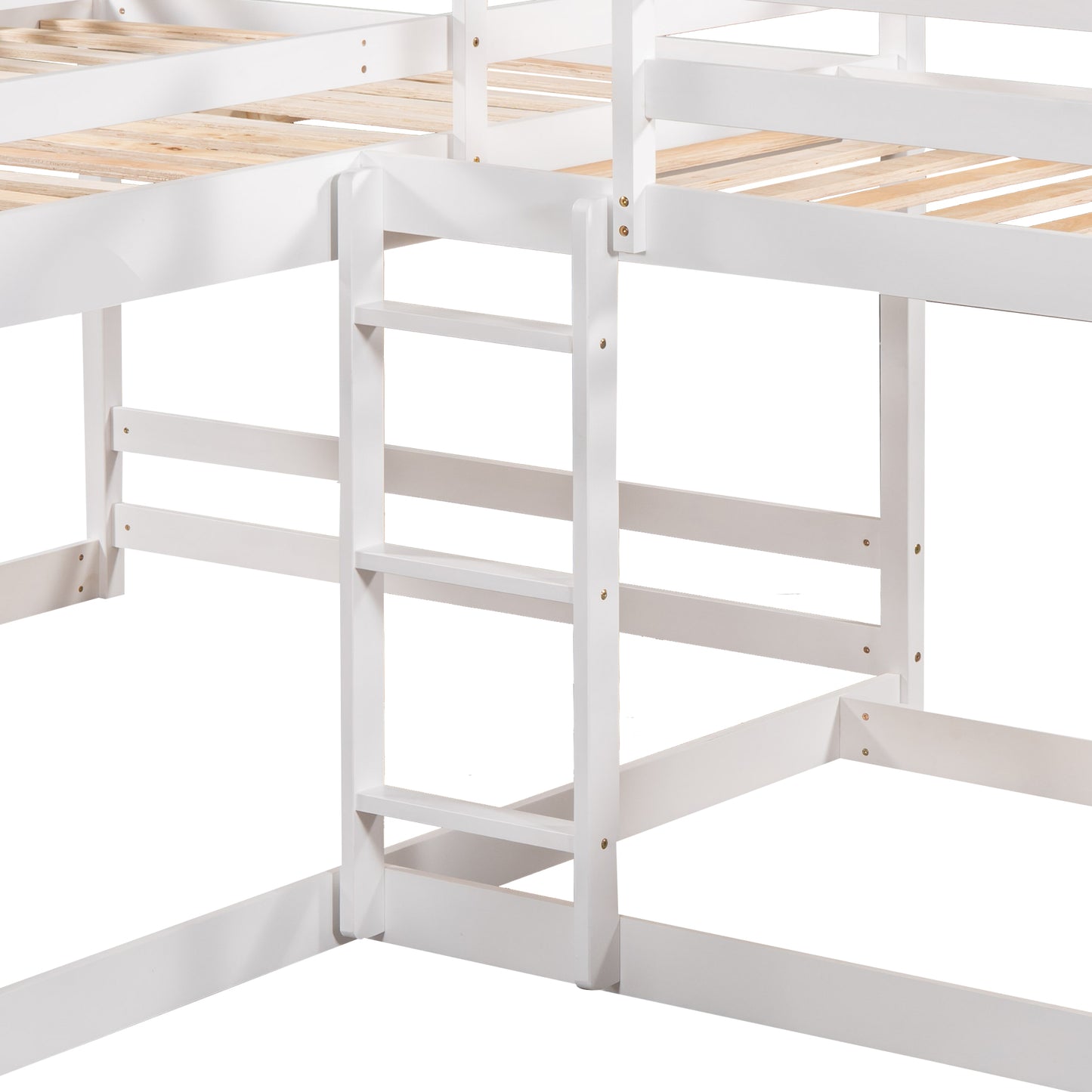 White wooden Lshaped bunk bed frame with ladder detail