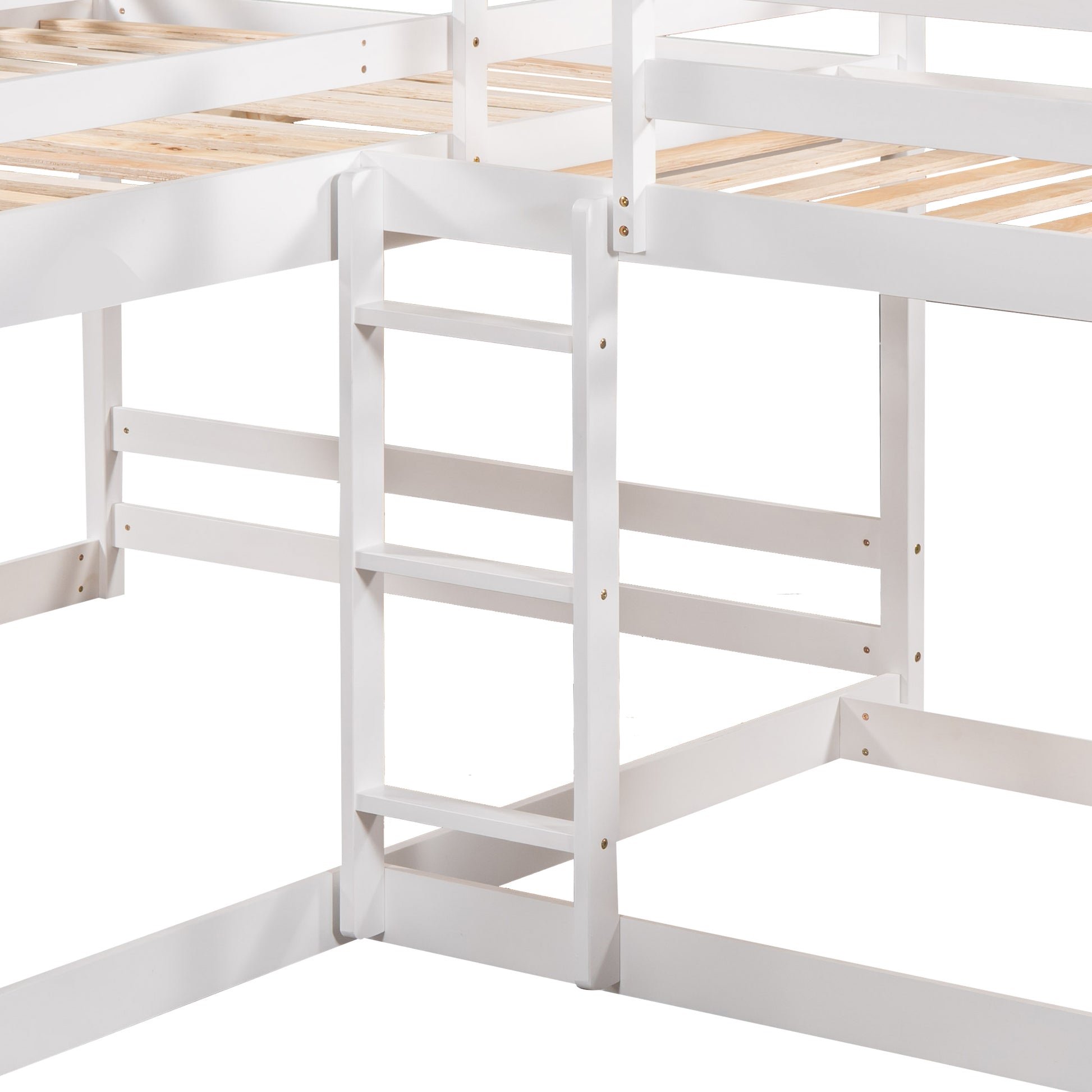 White wooden Lshaped bunk bed frame with ladder detail