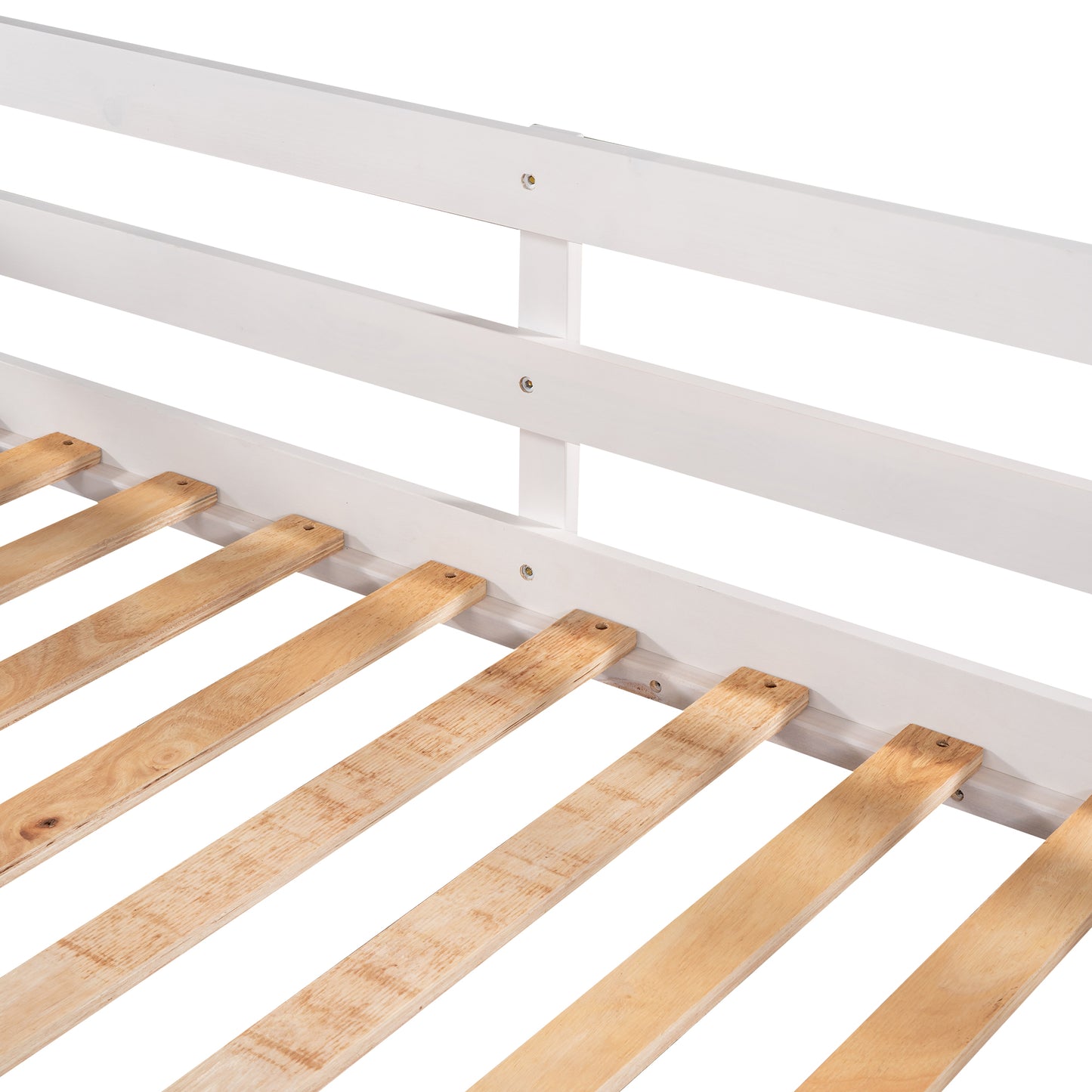 White wooden bed frame showing slats for mattress support