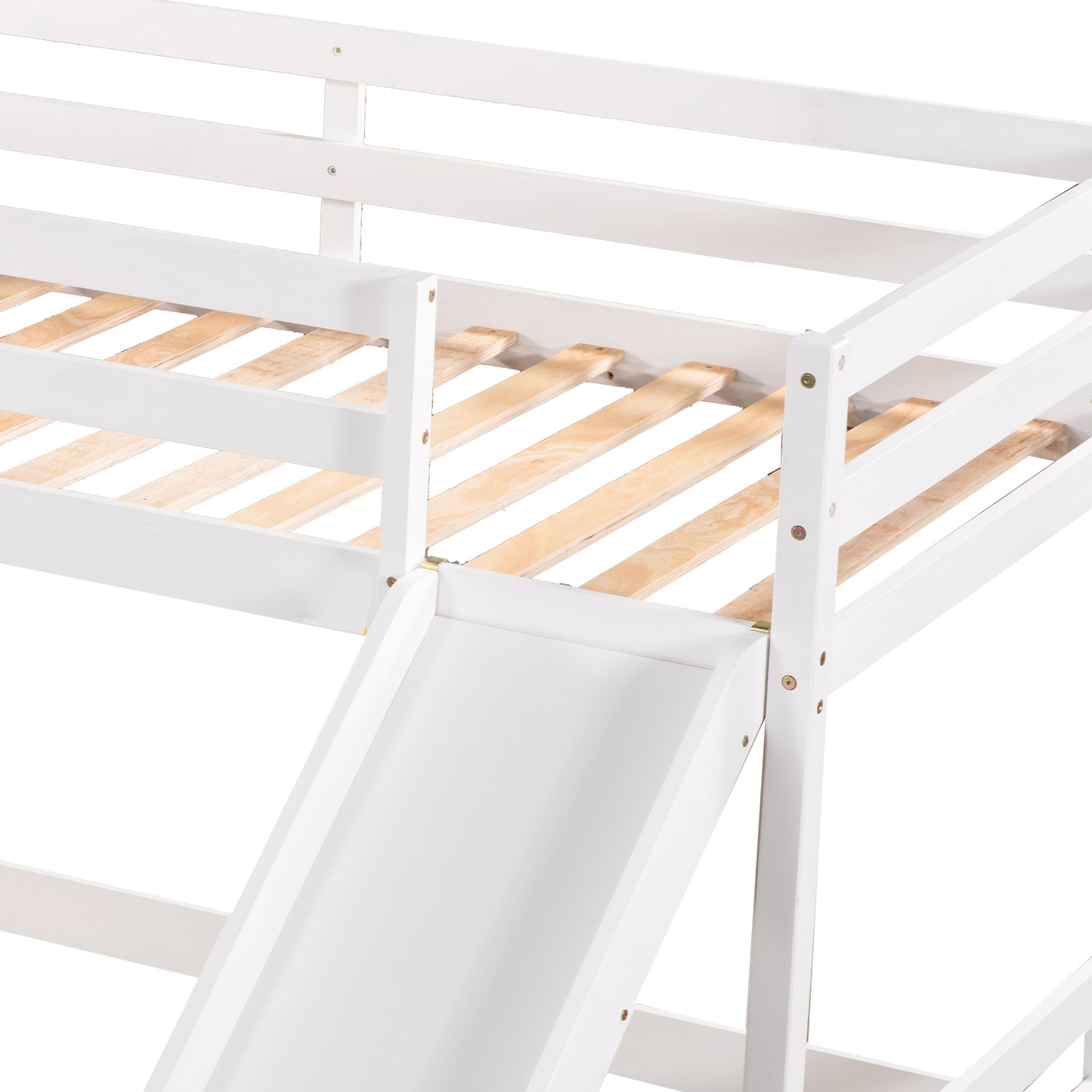 White wooden loft bed with slide detail