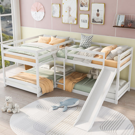 White wooden Lshaped bunk bed with slide for kids