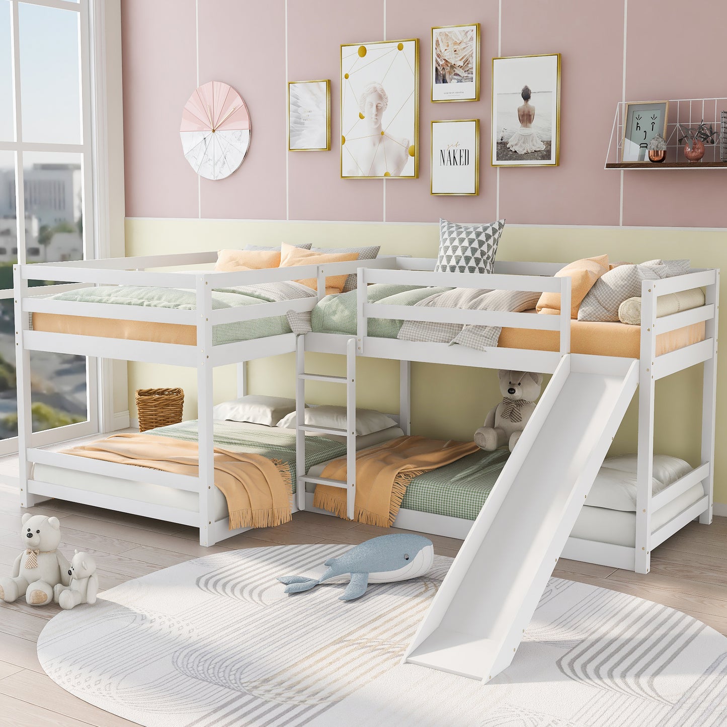 White Lshaped triple bunk bed with slide