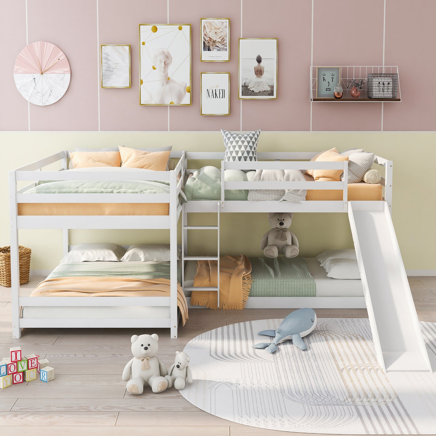 White wooden triple bunk bed with slide and guard rails