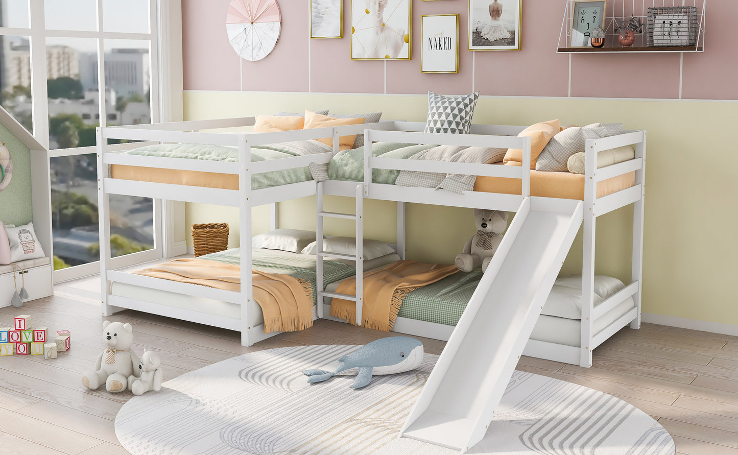 White wooden Lshaped bunk bed with slide featuring green checkered bedding and orange throws