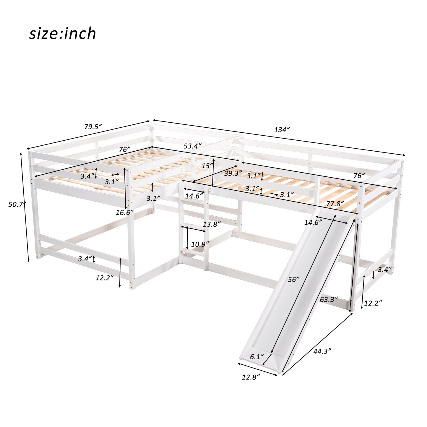 White wooden bunk bed with slide and ladder