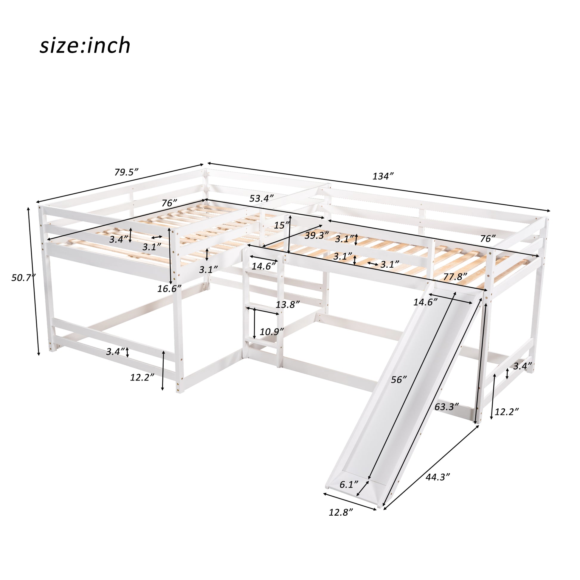 White wooden bunk bed with slide and ladder