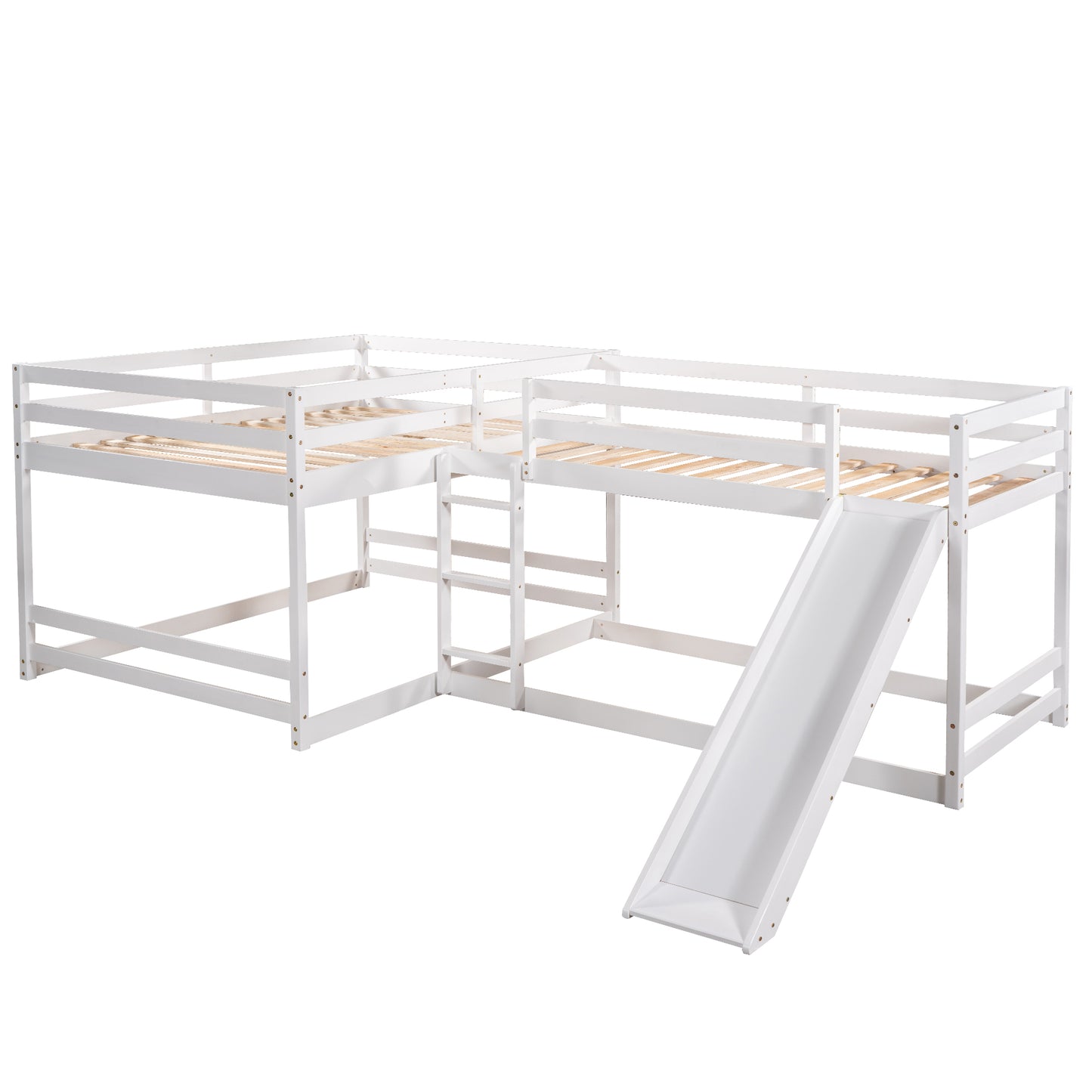 White Lshaped bunk bed with slide