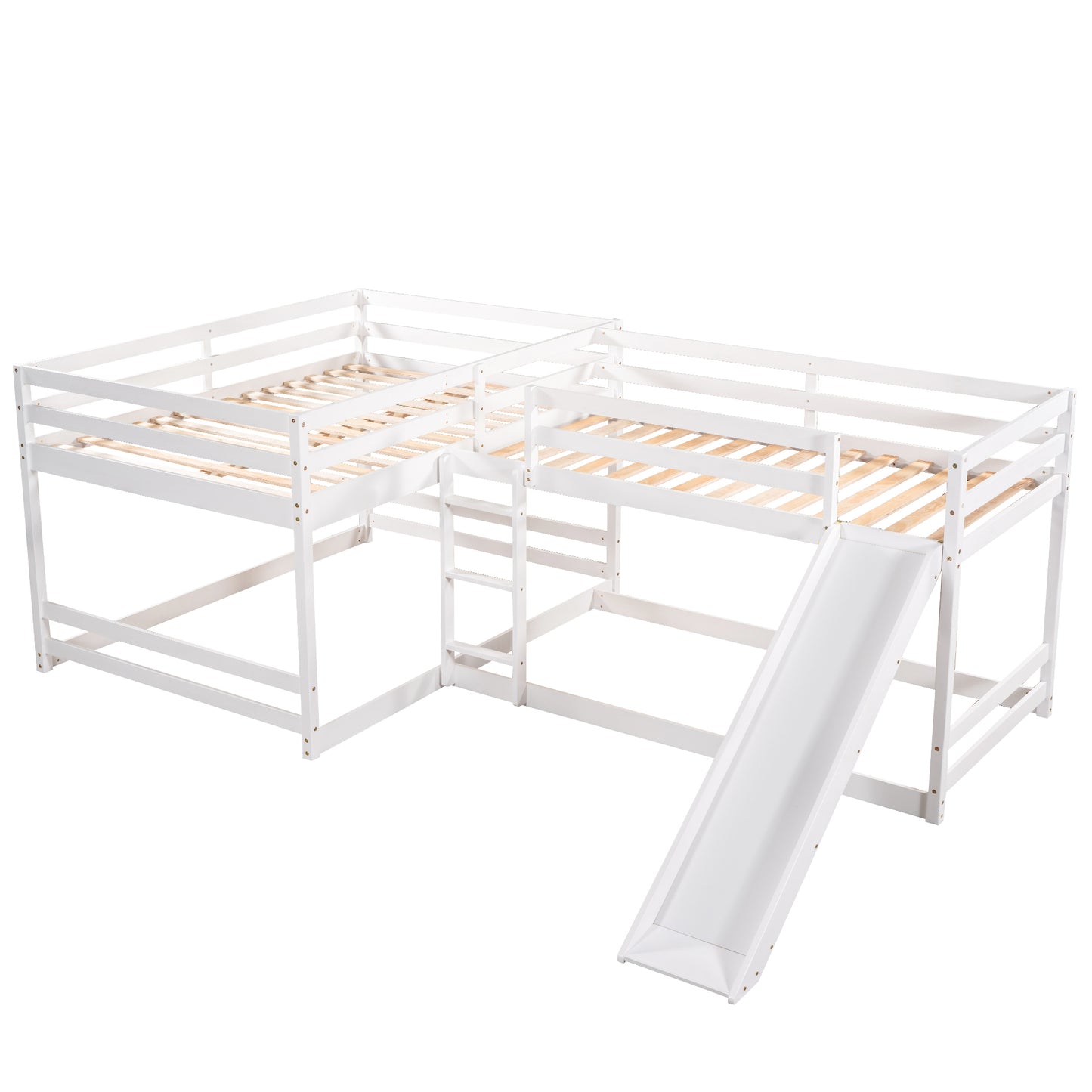 White wooden lshaped triple bunk bed with slide