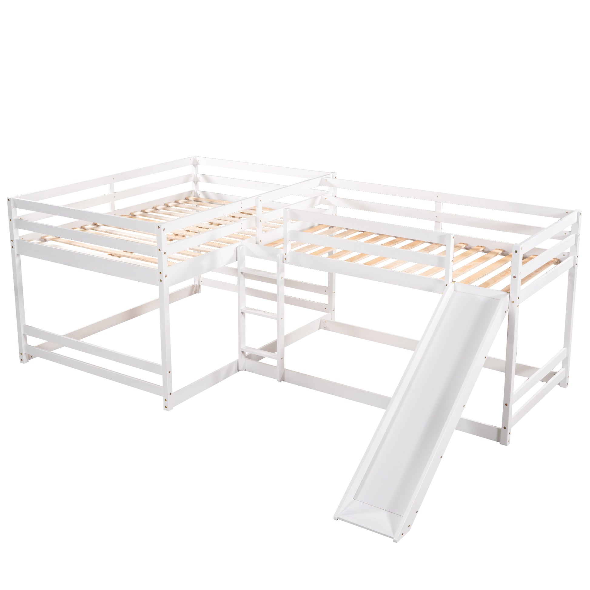 White wooden lshaped triple bunk bed with slide