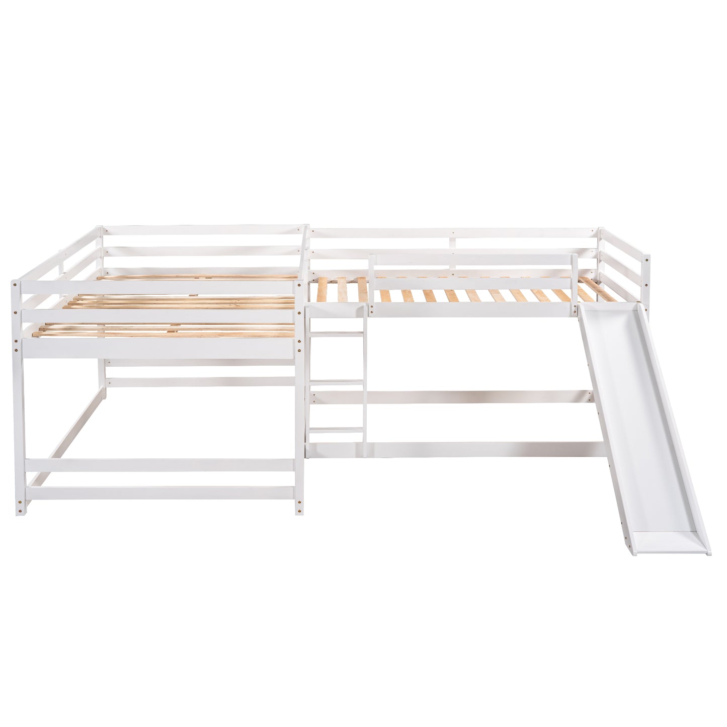 White wooden twin over twin Lshaped bunk bed with slide and ladder for kids