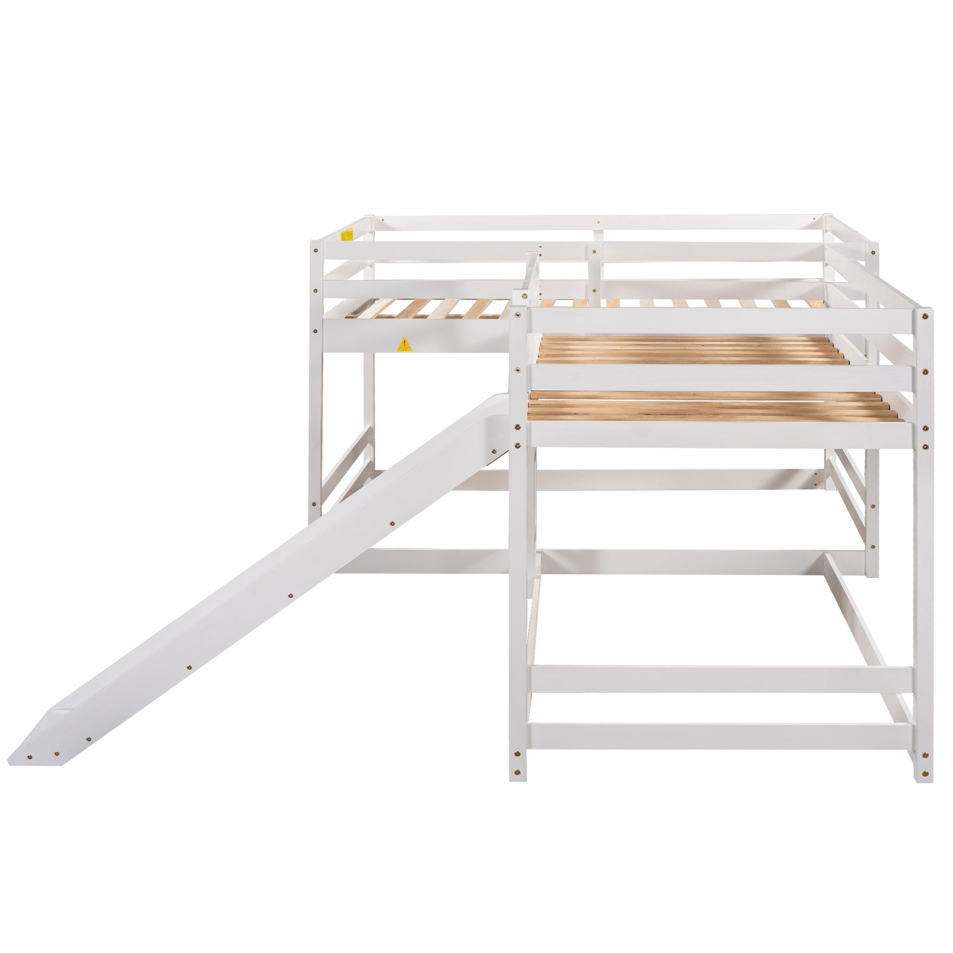 White wooden loft bed with slide and ladder